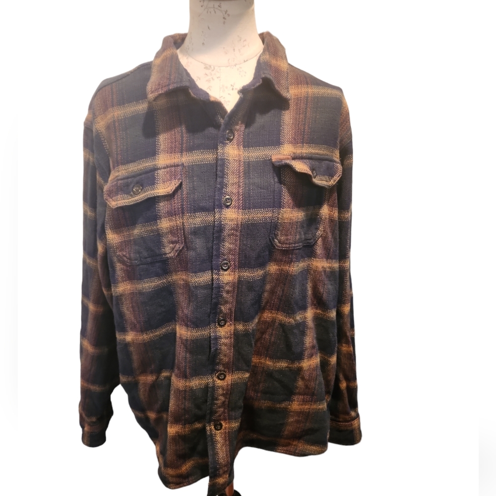Orvis Mens Big Bear Heavy Flannel Shirt Jacket Blue Plaid XXL Shacket